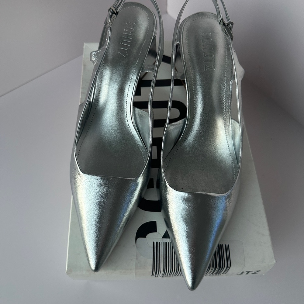 SCHUTZ Shiny Silver Pointed Slingback Heels - Picture 4 of 10